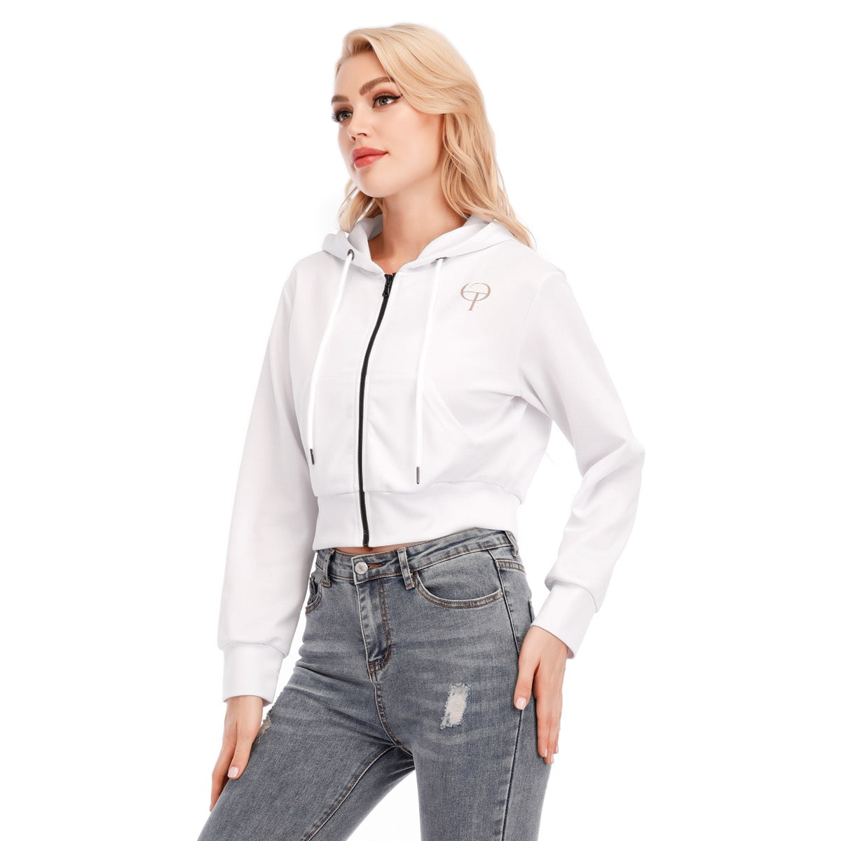 Crop Top à Fermeture Éclair avec Poche Kangourou et Manches Longues