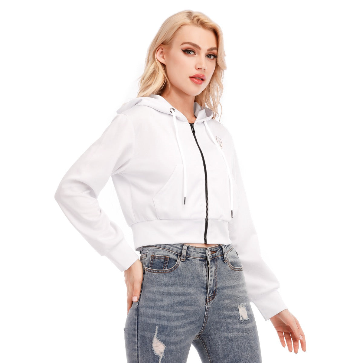 Crop Top à Fermeture Éclair avec Poche Kangourou et Manches Longues